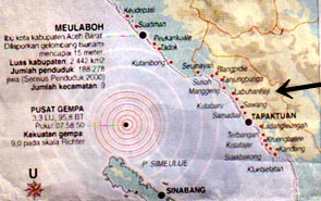 波紋の中心が震源地。ムラボ（Meulaboh）は津波による破壊的な被害を受けました。